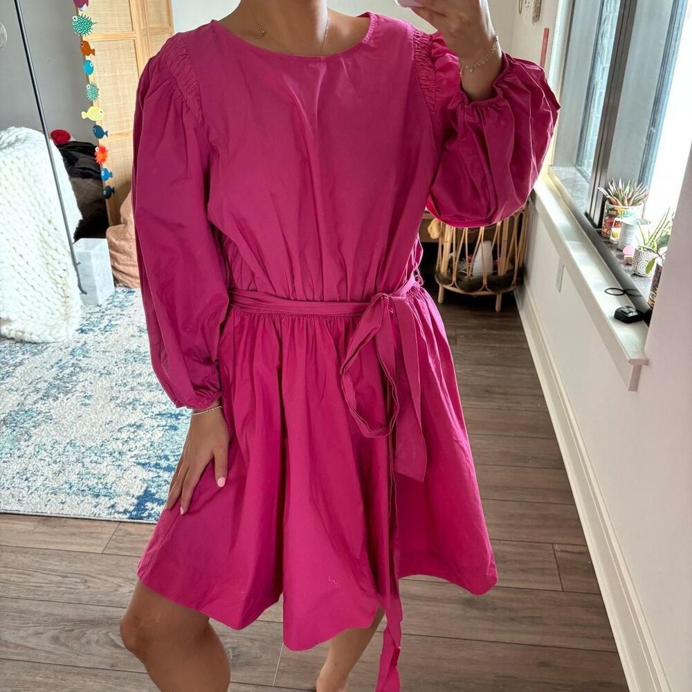 anthropologie maeve pink pleated dress puff sleeved cotton mini dress size large